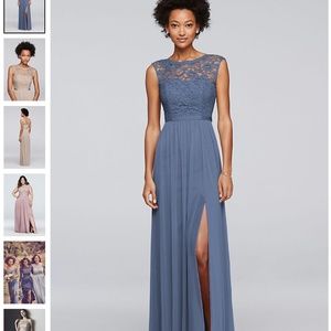 Long Bridesmaid Dress With Lace Bodice Steel Blue